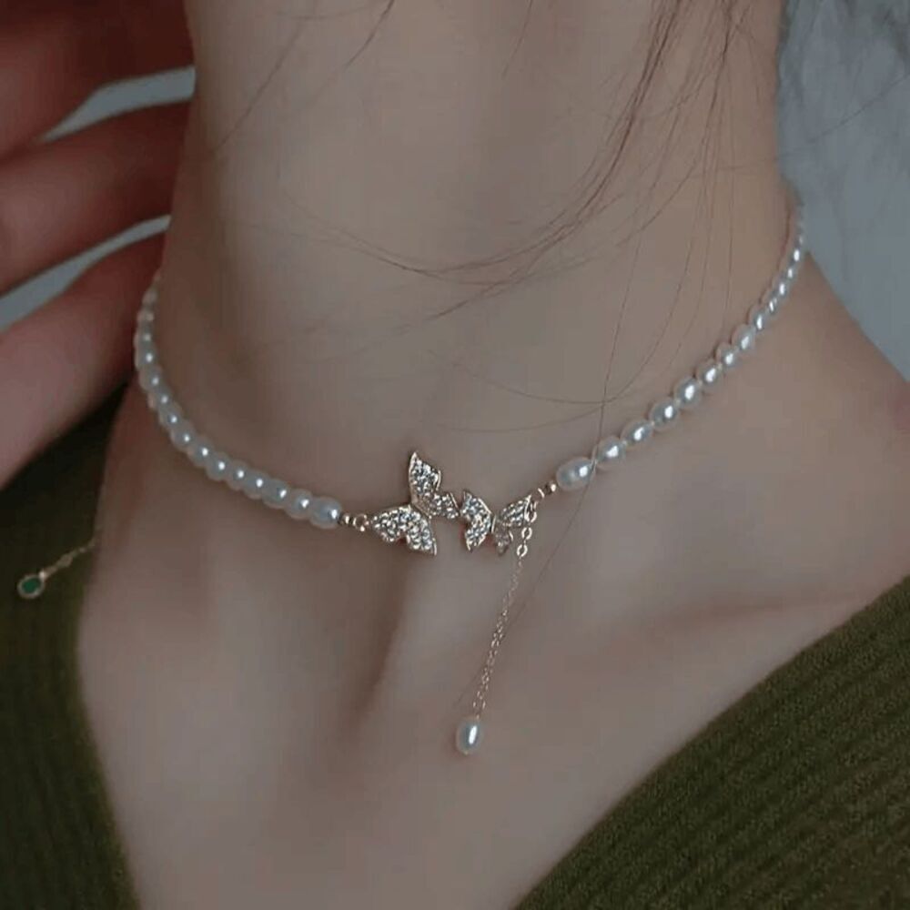 Butterfly Pearl Diamond Pendant Necklace